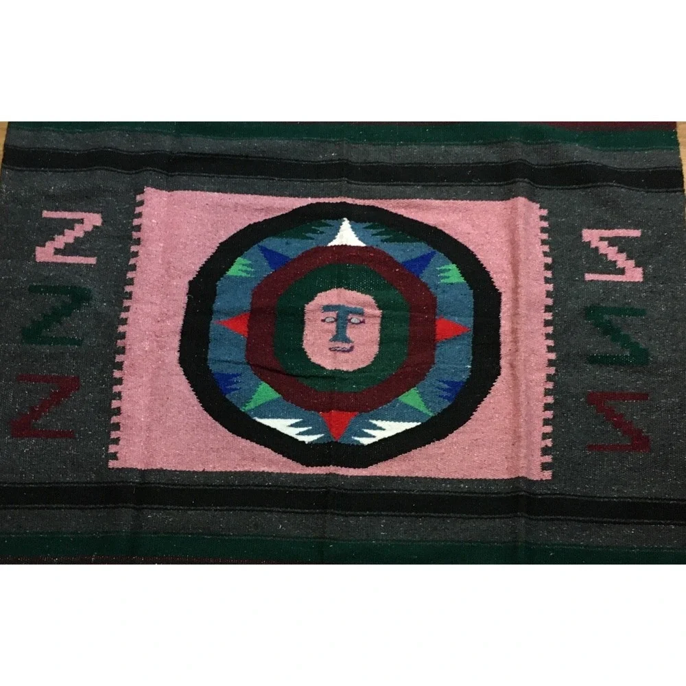 Vintage Handmade Mexican Aztec Pictorial Sun God Multicolor Rug Carpet 78